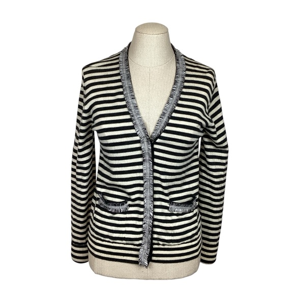 J Crew 100% Wool Button Cardigan Striped Long Sleeve Black White - Picture 2 of 13
